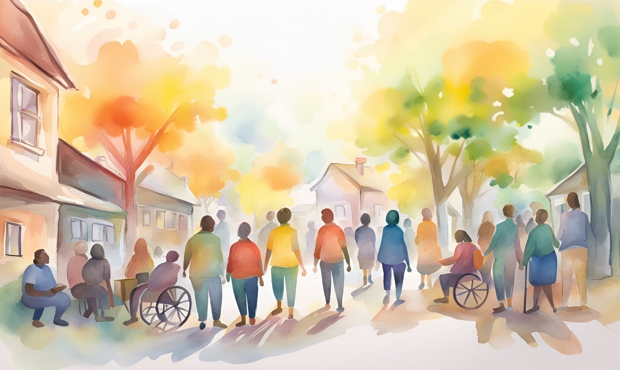 This image depicts a vibrant, community-focused scene illustrated in a soft watercolor style. A group of diverse people is gathered outdoors, set against a backdrop of trees with golden and green foliage, creating a warm, welcoming atmosphere. The individuals vary in age, mobility, and appearance, including people standing, sitting, and using wheelchairs or walking aids. Houses line the street, blending harmoniously with the setting, while sunlight filters through the trees, casting dappled light and shadow. The scene exudes inclusivity, connection, and a sense of neighborhood camaraderie.